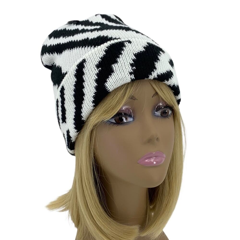 Black & White Zebra Beanie Knit Hat by AQUA One Size